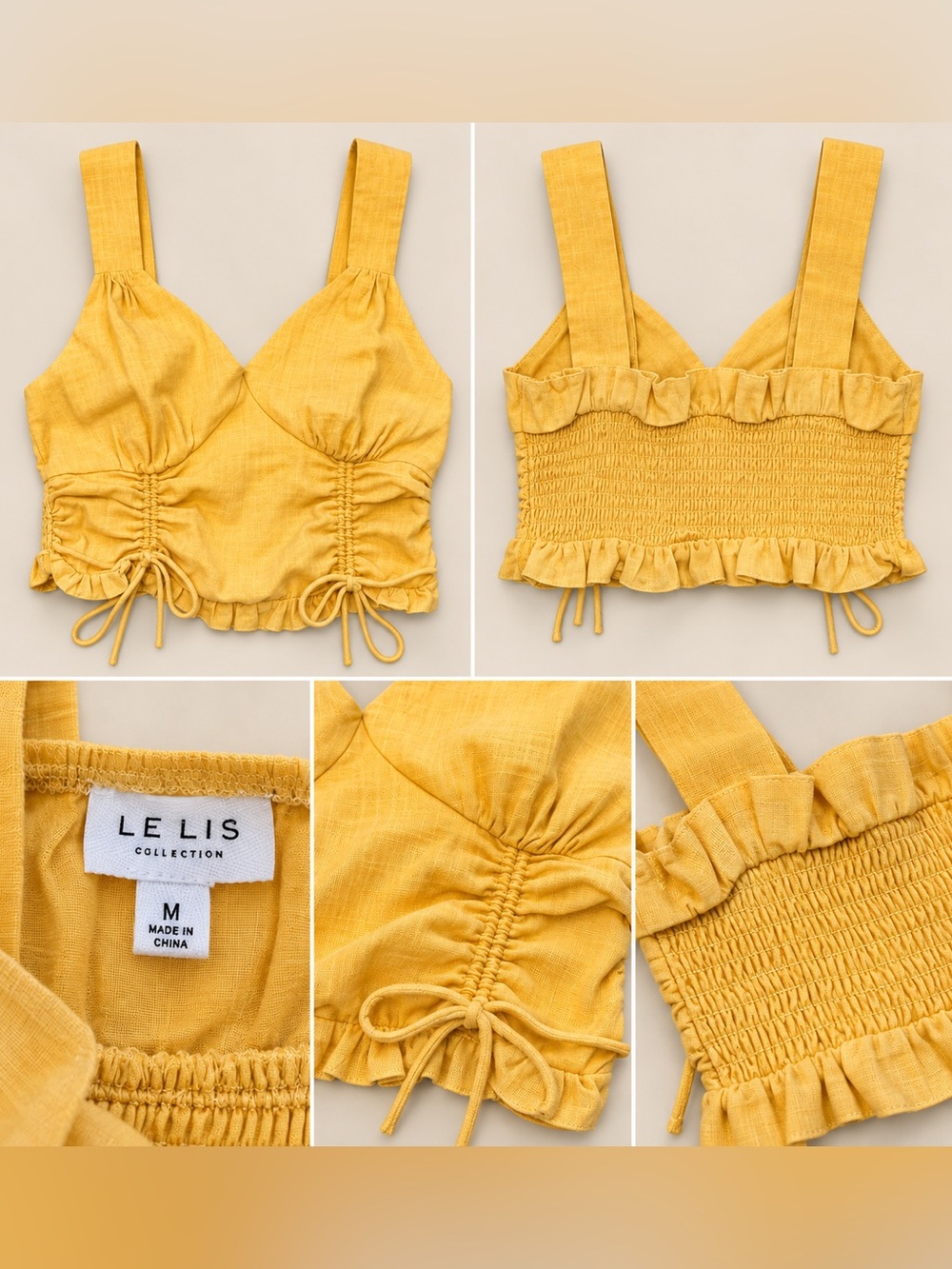 Le Lis Mustard Yellow Ruched Ruffle Crop Top